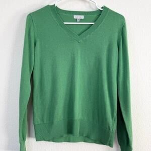 Qualfort Green VNeck Cotton Sweater M Soft Lightweight Classic Preppy Minimalist